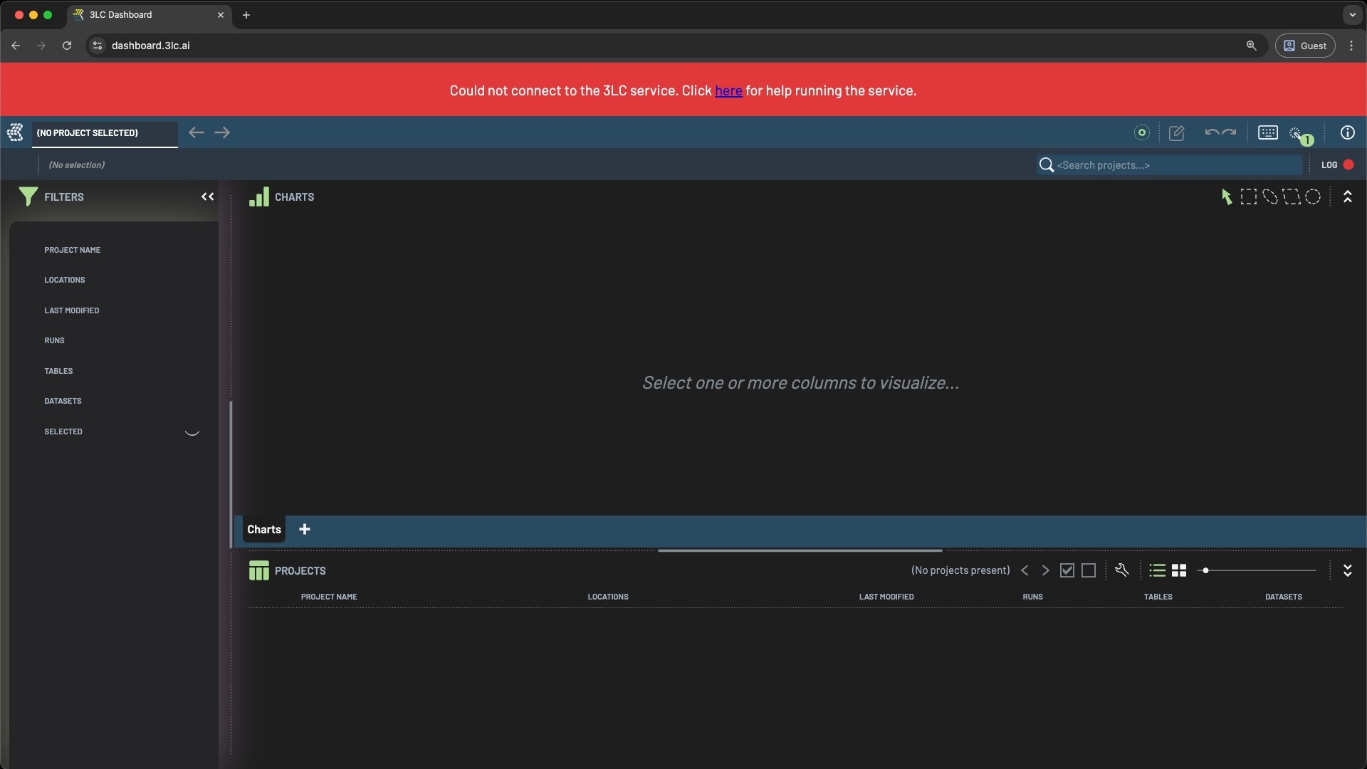 Red banner when the Dashboard is unable to connect to an Object Service